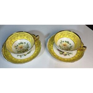2 Rare Vintage Regency Teacup Saucer Set  Large Yellow Cabbage Roses Gold